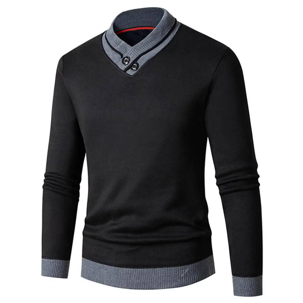 Slim Fit Sweater Men's V Neck Knitted Sweater with Contrast Color Thick Elastic Warm Pullover Slim Fit Mid Length for Autumn