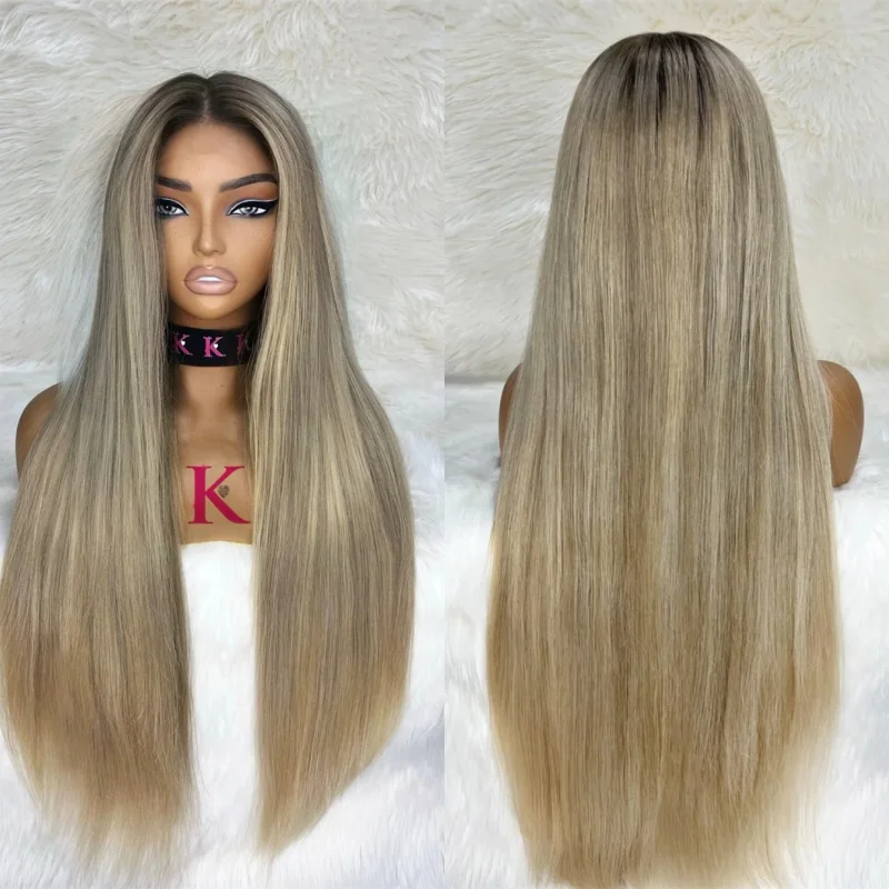 

28 Inch Long Straight Soft Wig Ombre Ash Blonde HD Lace Front Wig with Dark Roots Glueless Wig Premium Synthetic Wig Party Wig