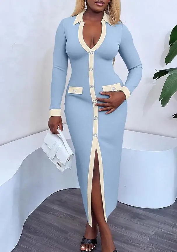 زخرفة أزرار اللؤلؤ، طية صدر السترة بقصة ضيقة، ربط الألوان المتناقضة، فستان محبوك ضيق، فستان اجتماعي أنيق للنساء في الخريف #5