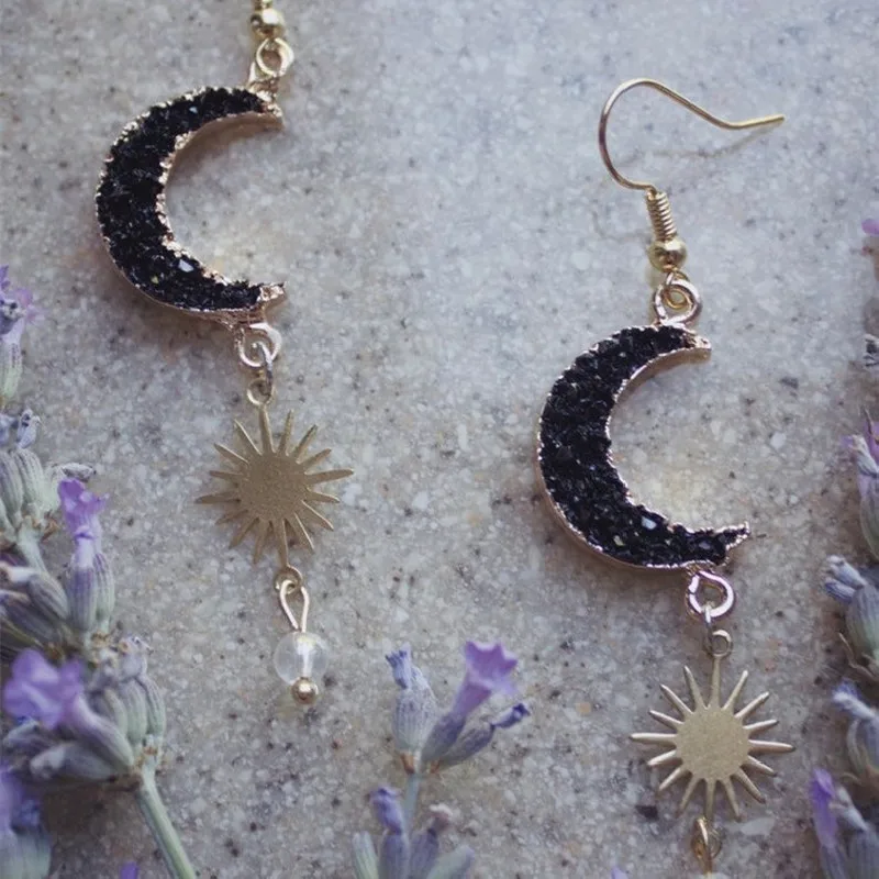 Charming Stone Crescent Moon Sun Earrings Phase Boho Witchy Brass Hippie Delicacy Novelty Jewelry Women Gift Metal Statement view 3