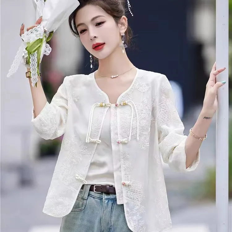 

White Embroidered Thin Outerwear for Women Spring Summer New Sle Ele Chinese Sle Button Sun Protection Clothes