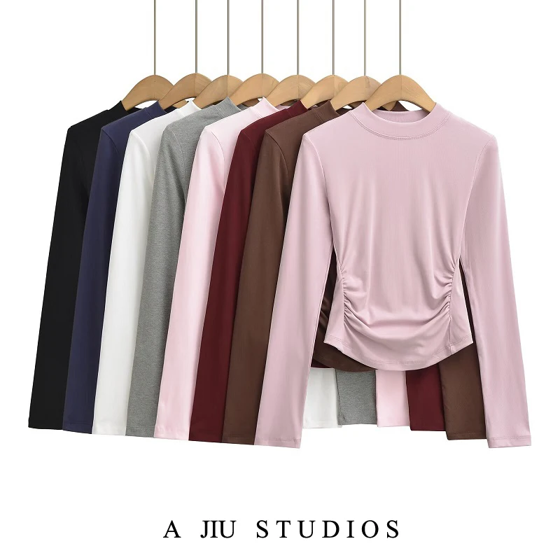 

Slim Fit Long Sve T-irt Women's High Collar Pleated Waist Cinching Base Layer irt Casual Breathable Cotton Top