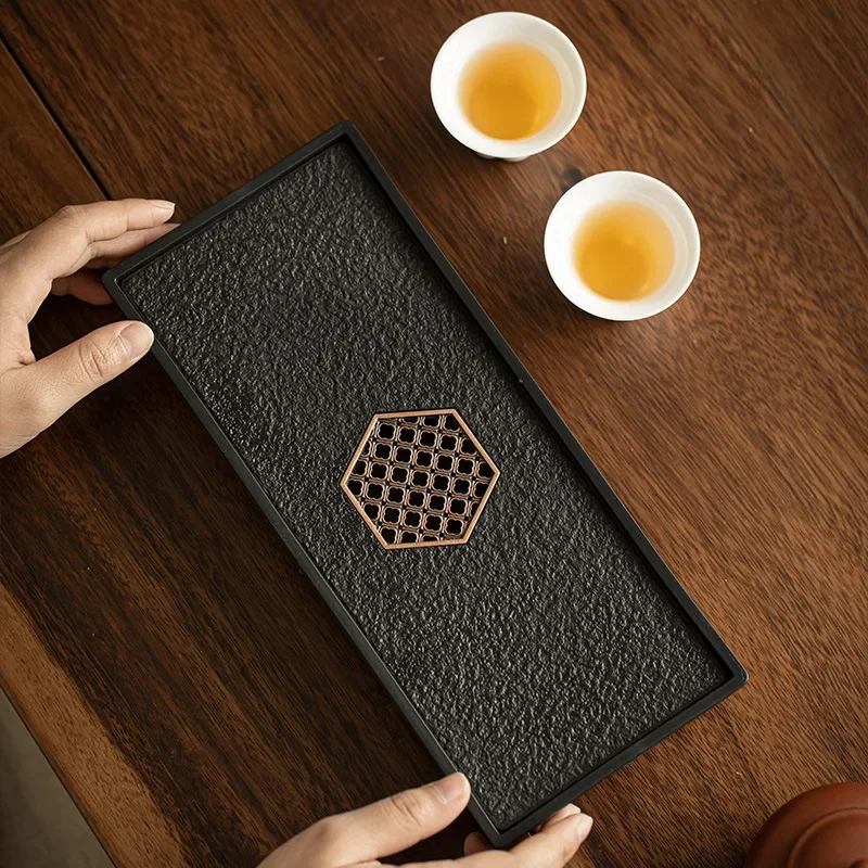 Luxury Household Imitation Black Gold Porcelain Stone Teatray Teaset Small Tea Table Water Storage Drainage Dry Brewing Tea Tray
