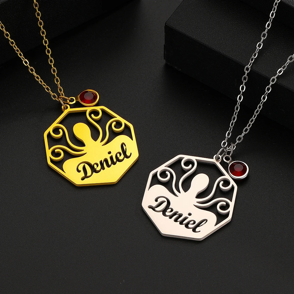 QIAMNI Custom Name Octopus Birthstone Pendant Necklace Stainless Steel Sea Animal Nameplate Beach Jewelry Birthday Gift Choker