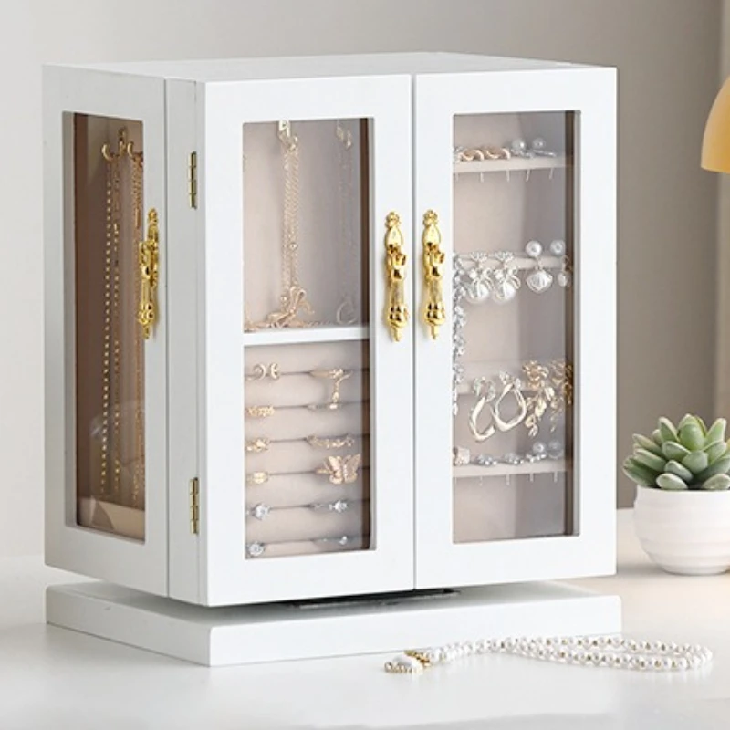 Rotating Jewelry Box Large Wooden Jewelry Box Ring Earring Necklaces Storage Boxes Wedding Decorations Transparent Display Shelf