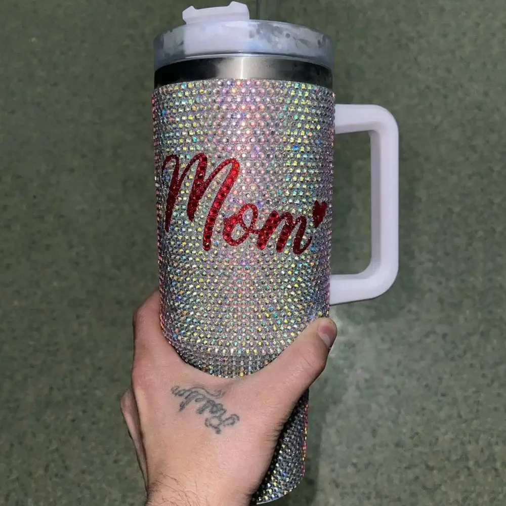 

40Oz Stainless Steel Tumbler with Straw Mother's Day Gift Handmade Rhinestone Water Bottle Tumbler Luxury Bling Thermos Bottle
