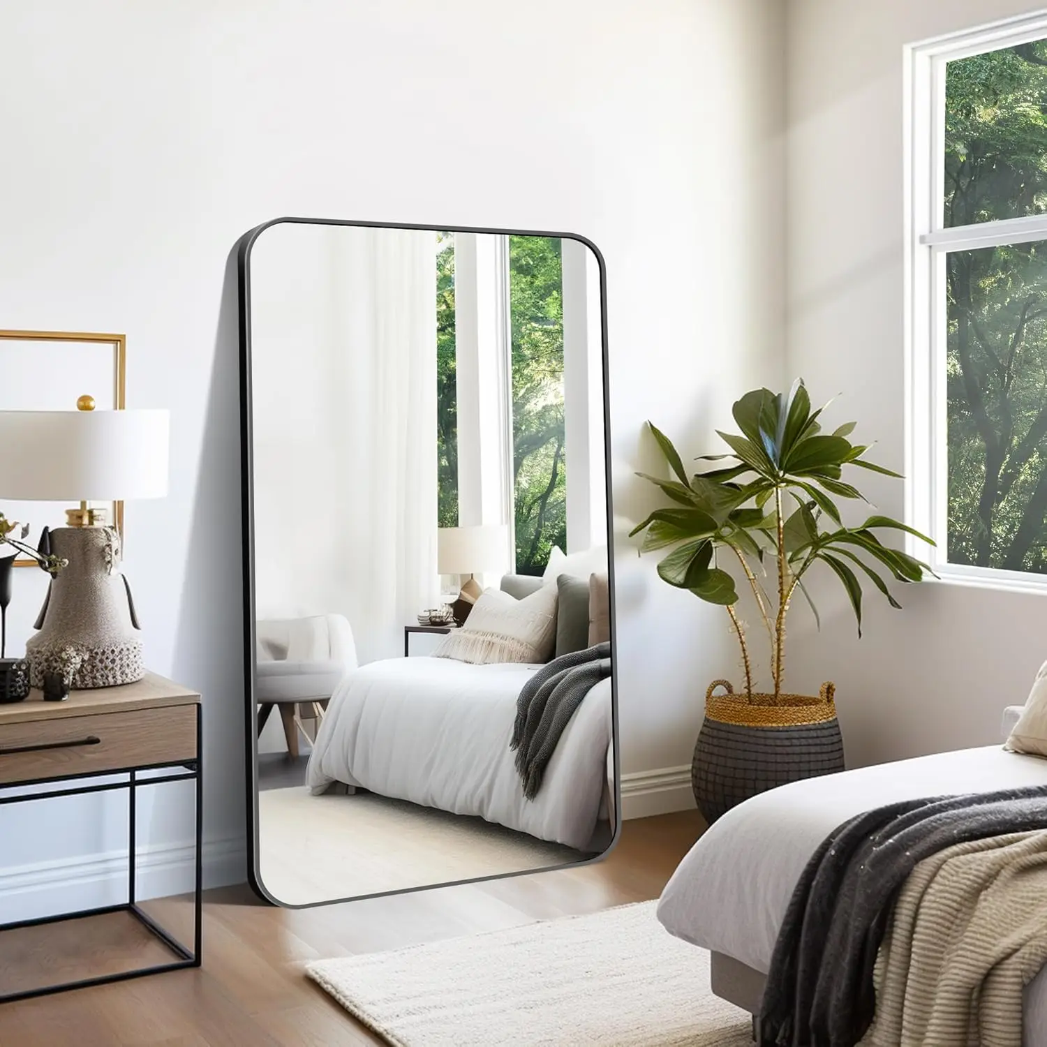 Large Bathroom Mirror 60X36 Inches, Black Oversized Wall Mirror For 2 Sinks Aluminum Frame Wall Mounted Rounded Corner Morndern