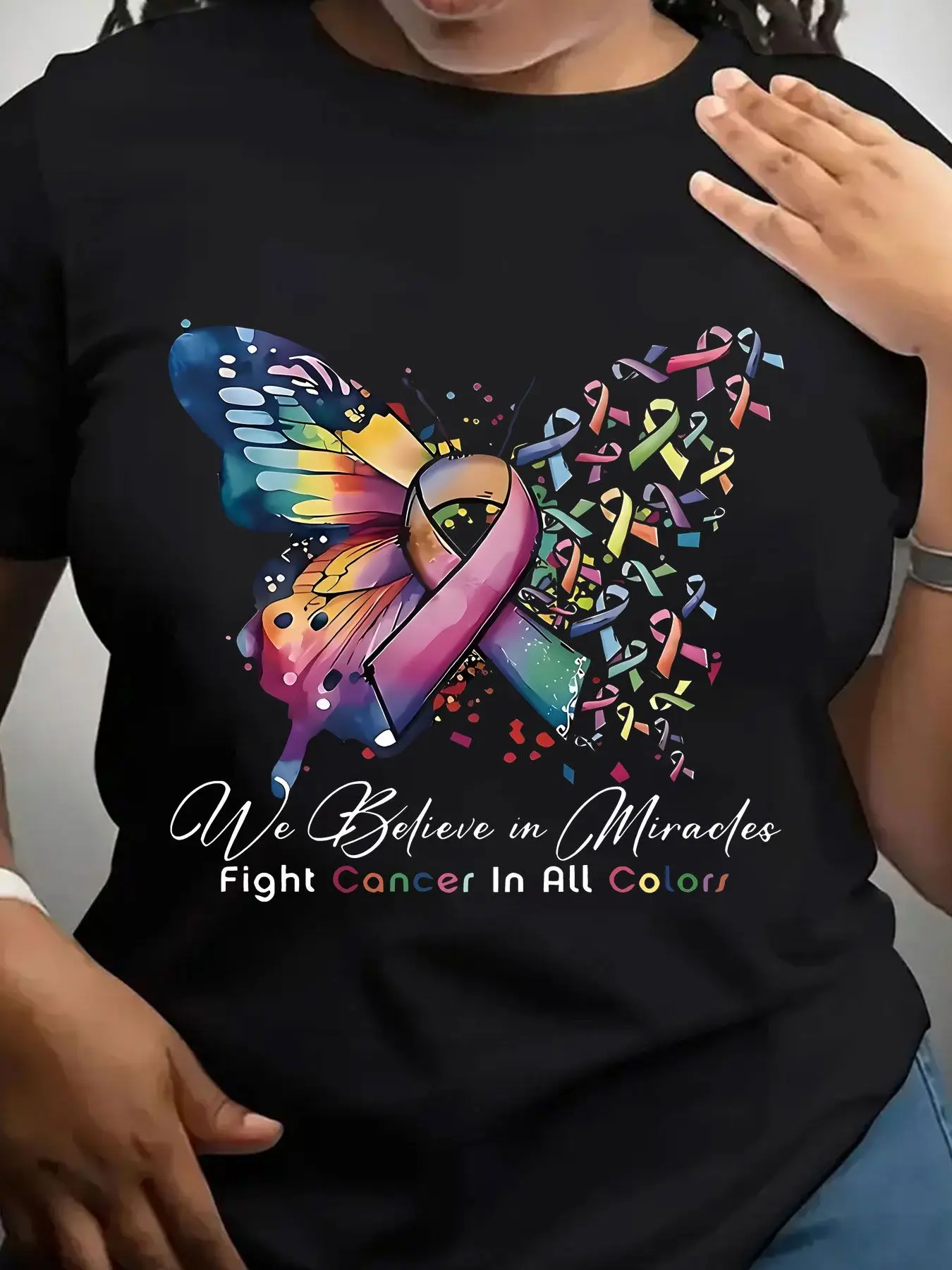 Women's Trendy Crew Neck T-Shirt Colorful Butterfly Ribbon Cancer Awareness Suitable for Casual Sportswear