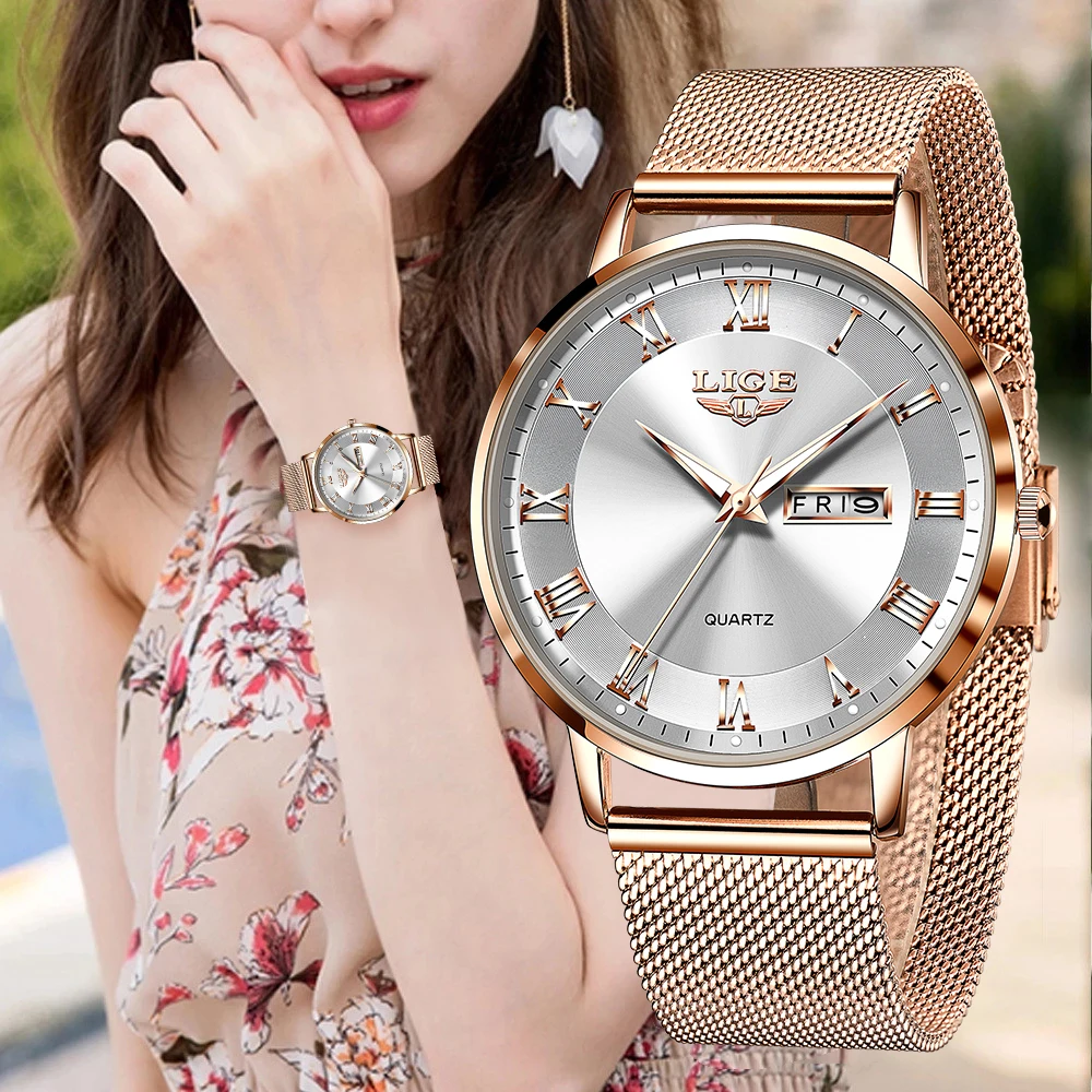 LIGE Womens Watches Ultra thin Quartz Watch For Women Luxury Bracelet Wristwatch Ladies Date Week Clock Watch Relogios Feminino