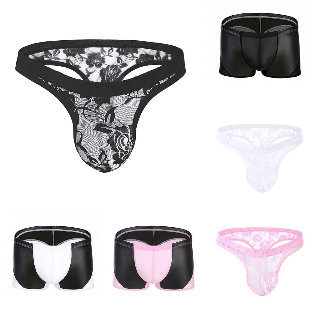 Sexy Hollow Cutout Men's Rose Lace Thong Low Rise Elastic Waist Front Pouch T-Back Underpants Daily Relax All Day