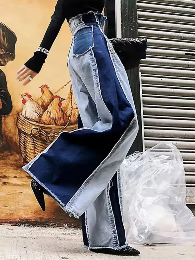 Women's summer new fashion slim fit patchwork contrasting jeans high waist casual versatile straight leg pants for women