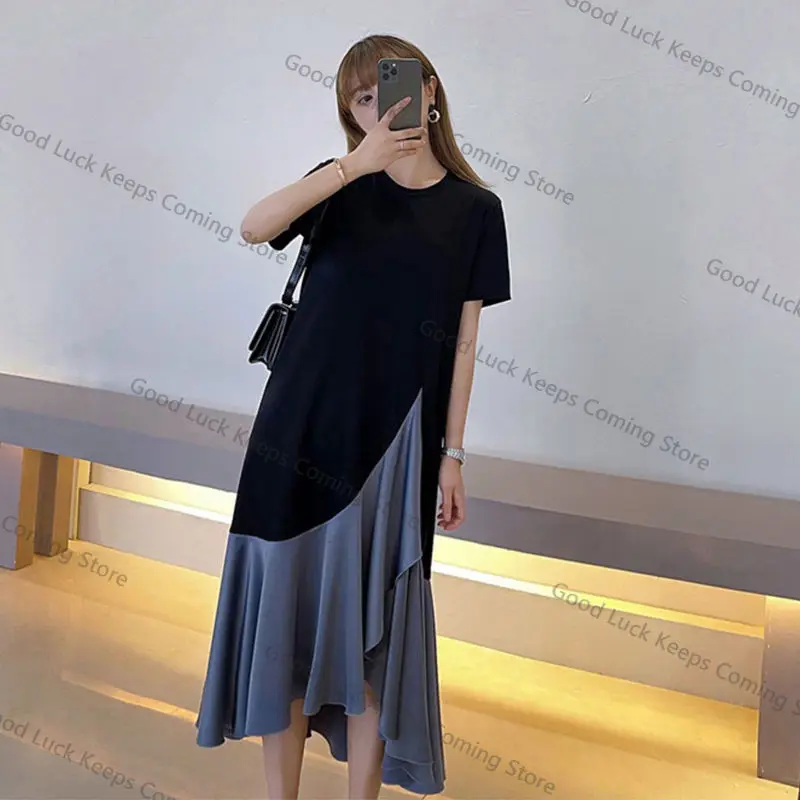 Grande taille été Dr pour les femmes coupe ample T-shirt jupe longue coréenne Sle rond Ne ort Sve a-ligne Silhouette tenue décontracté