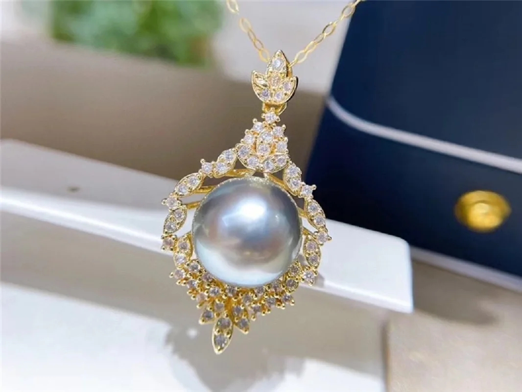 Natural AA+ AKOYA 12-13mm 13-14mm White gray gold bread Pearl pendant Necklace 925s 18inch