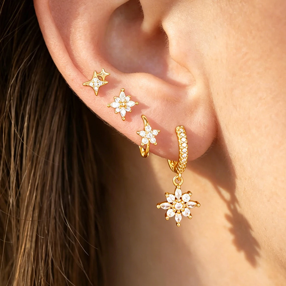 4PCS/8PCS Zircons Flower Dangle Earrings Sets For Woman 14K Gold Plated Trendy Stainless Steel Star Ear Stud Simple Jewelry Gift