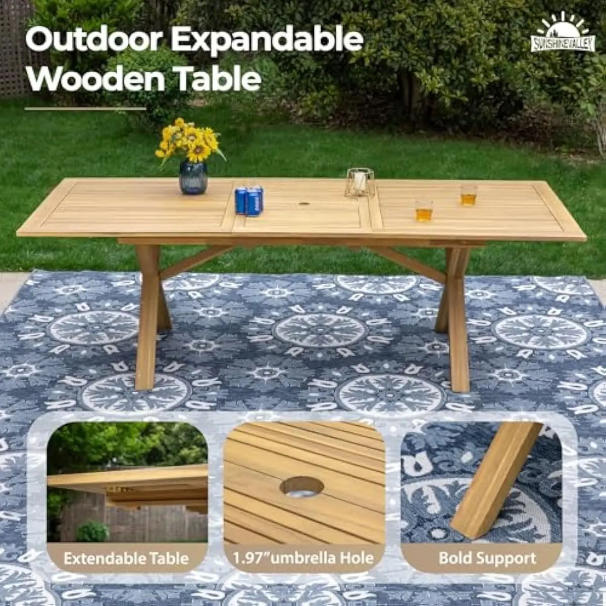 9-piece teak-colored acacia outdoor dining ensemble featuring expandable rectangular table with central umbrella aperture and ei