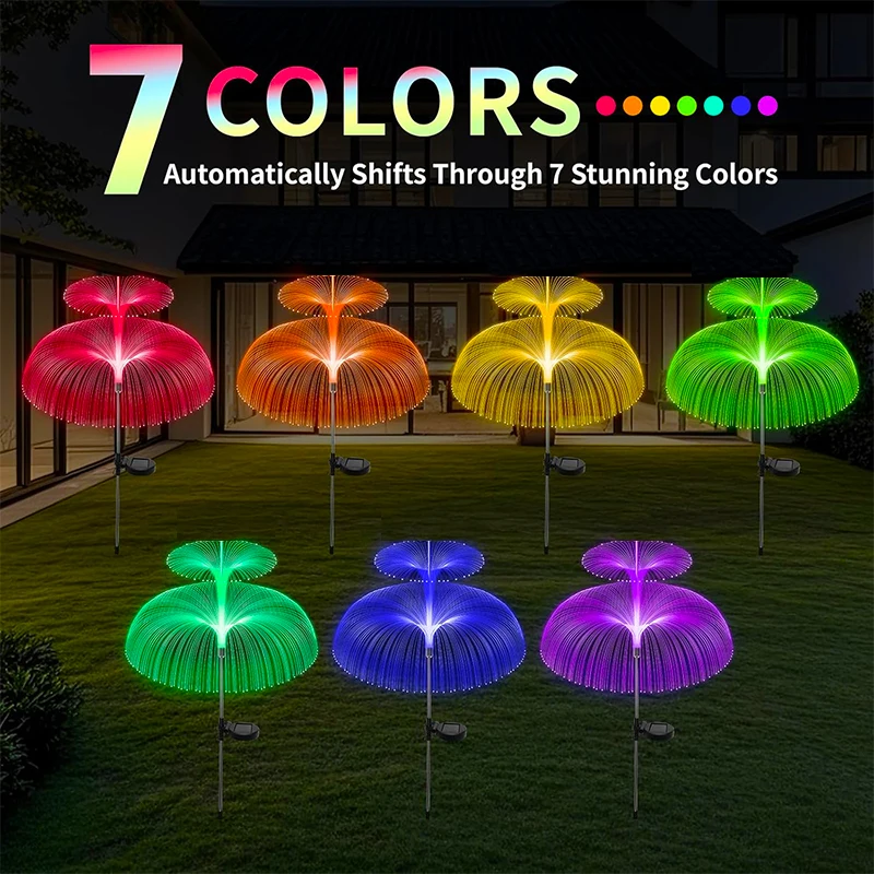 Outdoor LED Jellyfish Fiber Solar Lawn Lights Waterproof Garden Party Decor Flower Solar Lights for Patio Pathway Yard Balcony