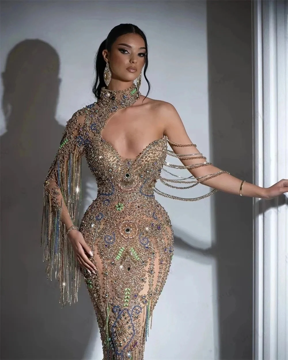 Luxury Beaded Mermaid Evening Dress High Neck Crystal Prom Dress Dubai Arabic Tassel Sleeveless Cocktail Party Dress Customized