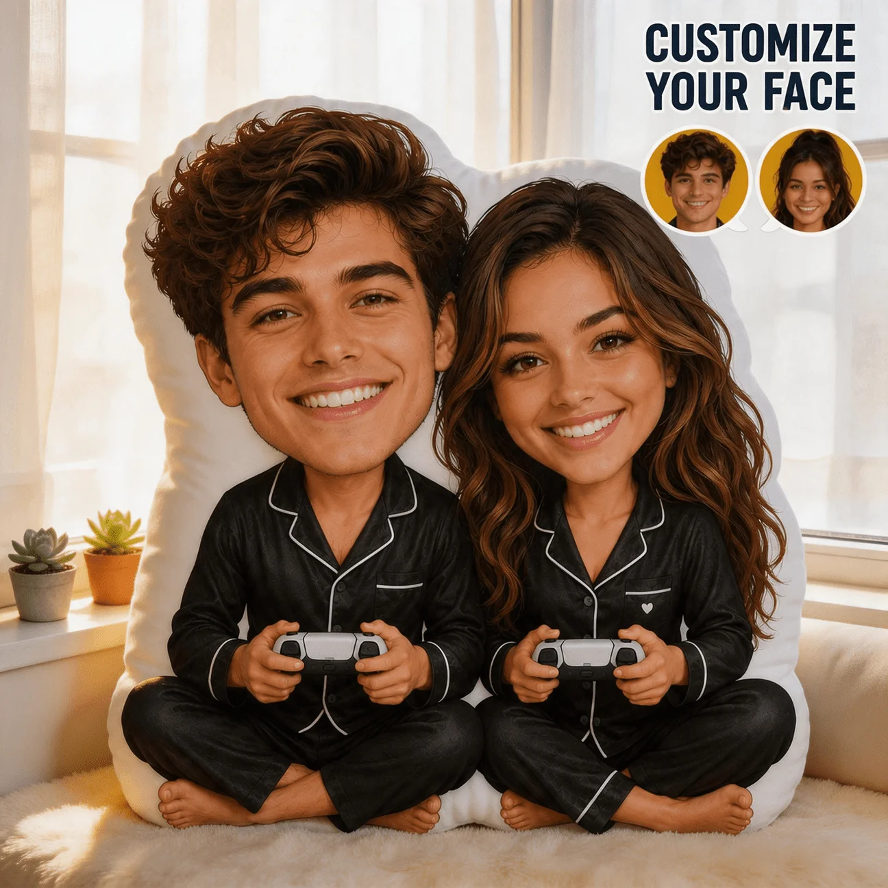 Custom Couple Photo Shaped Pillow, Personalized Face Decorative Cushion with Matching Pajamas Design, 70cm Large Size Accent Pil