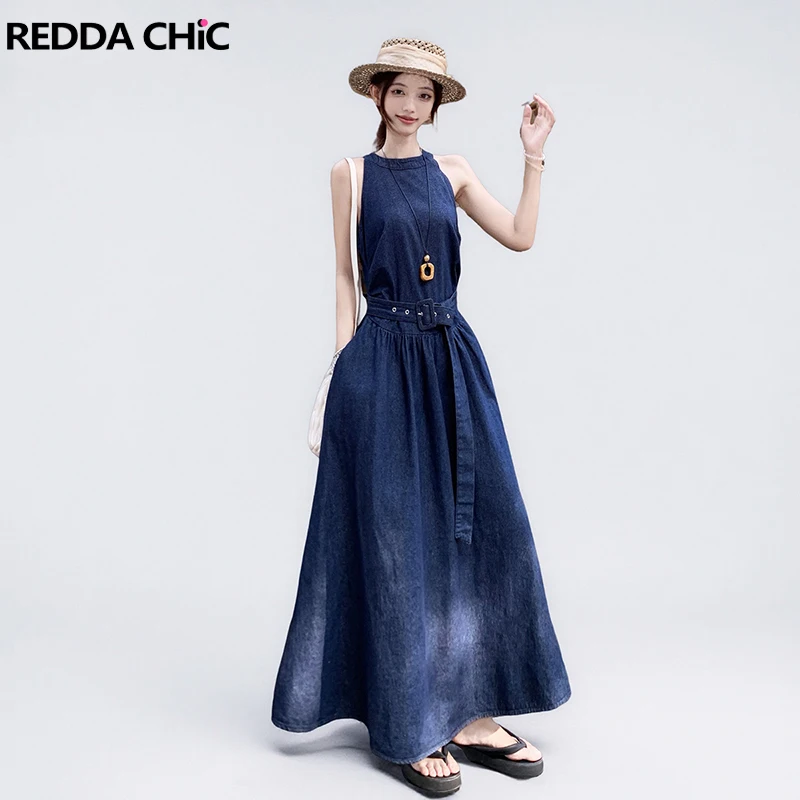 

REDDACHiC Элегантное джинсовое платье с поясом для женщин, базовое однотонное платье без рукавов с лямкой на шее и разрезом, длинное платье макси для работы, повседневная одежда