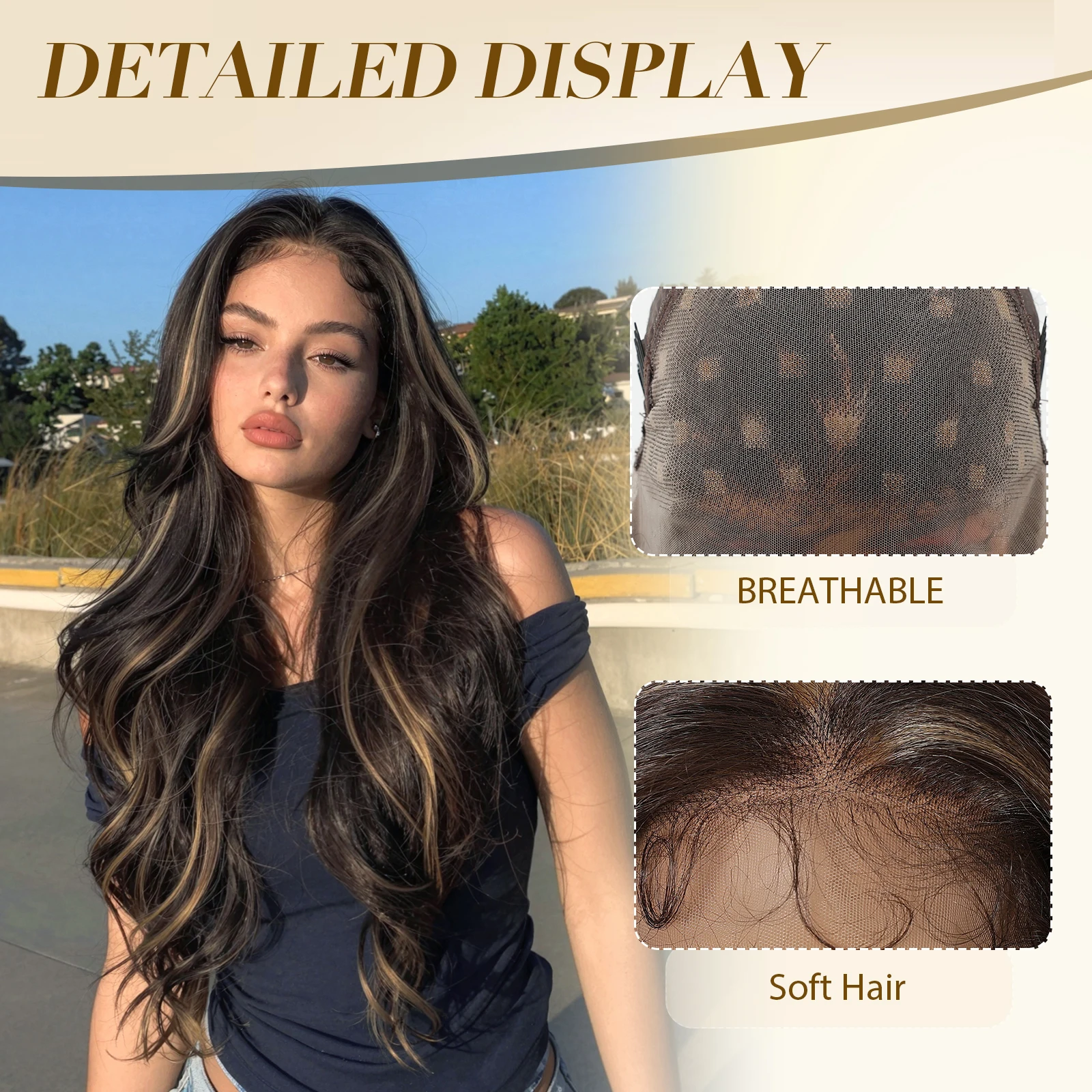 13x6 HD Lace Front Wig Highlight Brown Long Body Wave Synthetic Wigs Pre Plucked Natural Hairline Heat Resistant Hair For Women