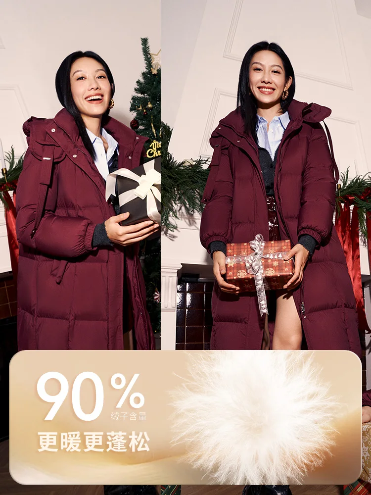 Chericom Chaqueta larga de plumón con capucha y cordón, abrigos holgados para mujer, abrigo acolchado de relleno de plumón de pato grueso para mujer Y308179Y