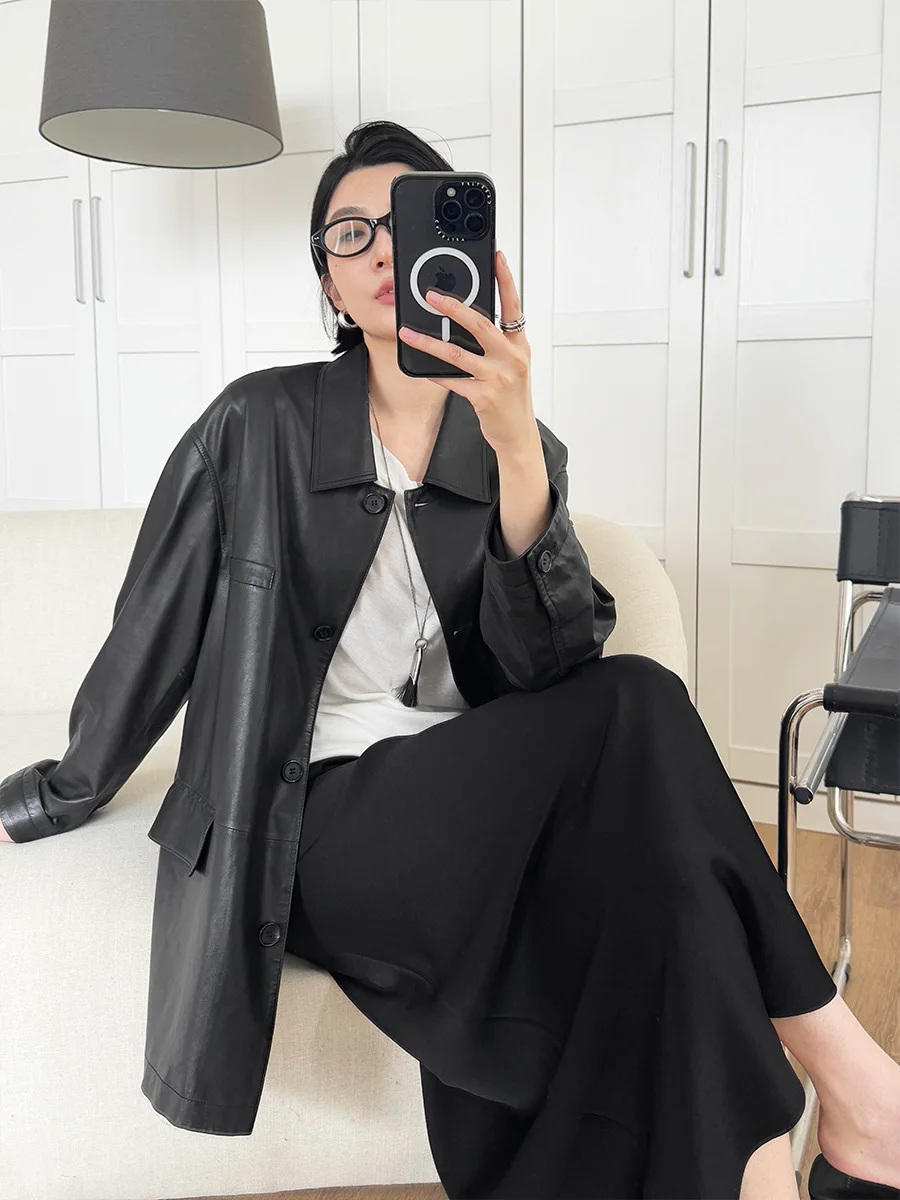 Giacca in pelle da donna, cappotto, risvolto piccolo, lunghezza media, pelle di pecora conciata al vegetale, giacca a vento, trench casual ampio