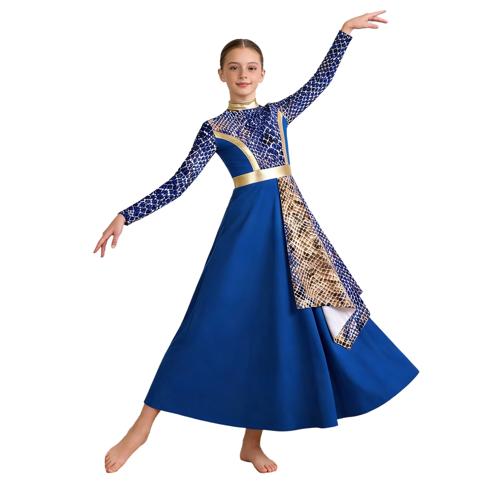 Kids Girls Long Sleeve Zipper Metallic Liturgical Worship Praise Dress Church Choir Modern Lyrical Dance Performance Costume