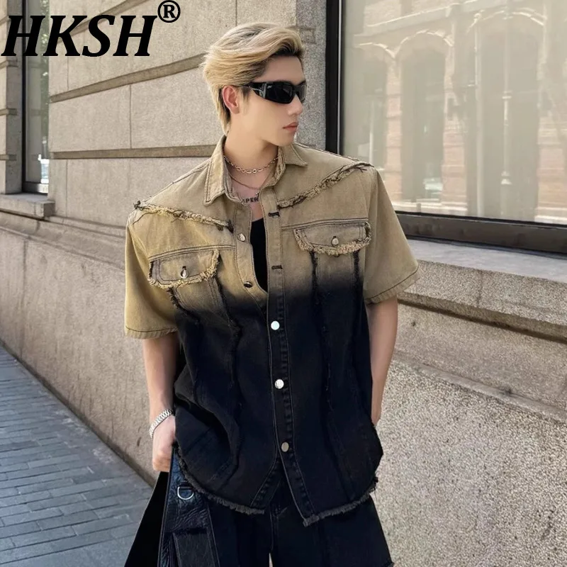 

HKSH Summer New Man Tide Punk Trendy Waste Land Vintage Washed Gradient Short Sleeve Denim Shirt Top Wide Leg Jeans Trend HK7007