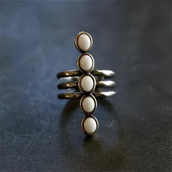 Ethnic Silver Color Oval White Stone Rings Vintage Originality Metal One Line Shape Hollow Adjustable Rings for Women