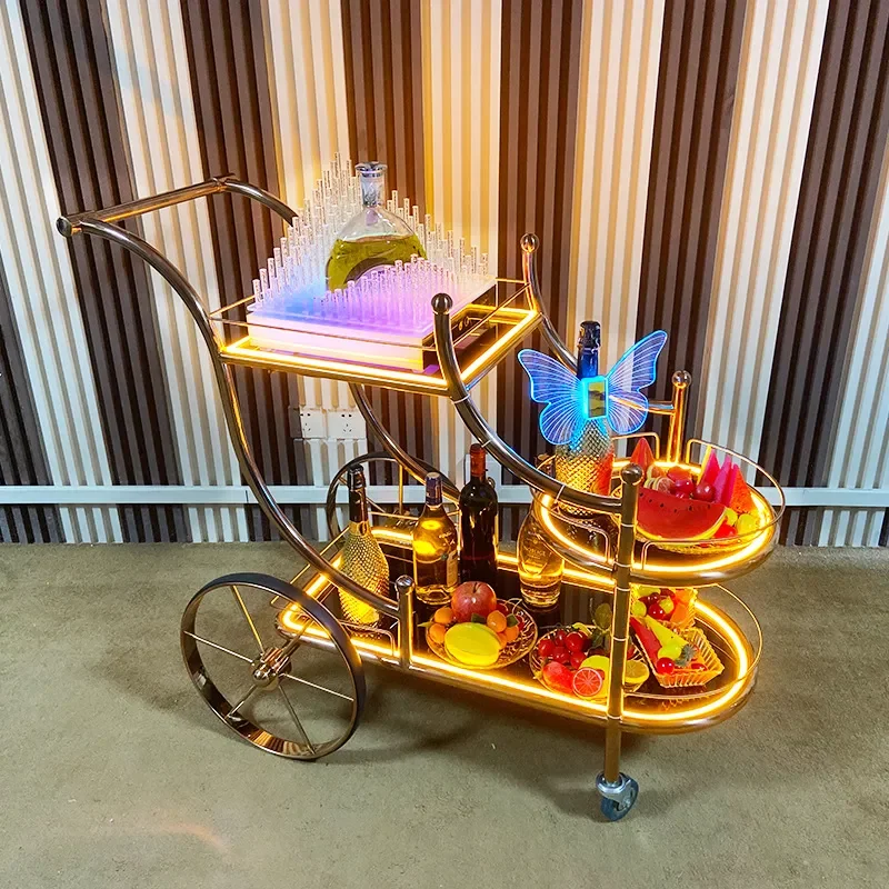 3 Tier Mobile Bar Cart With LED Lights Luminous Serving Trolley For KTV Nightclub Wine Bottle Display Rack Food Delivery