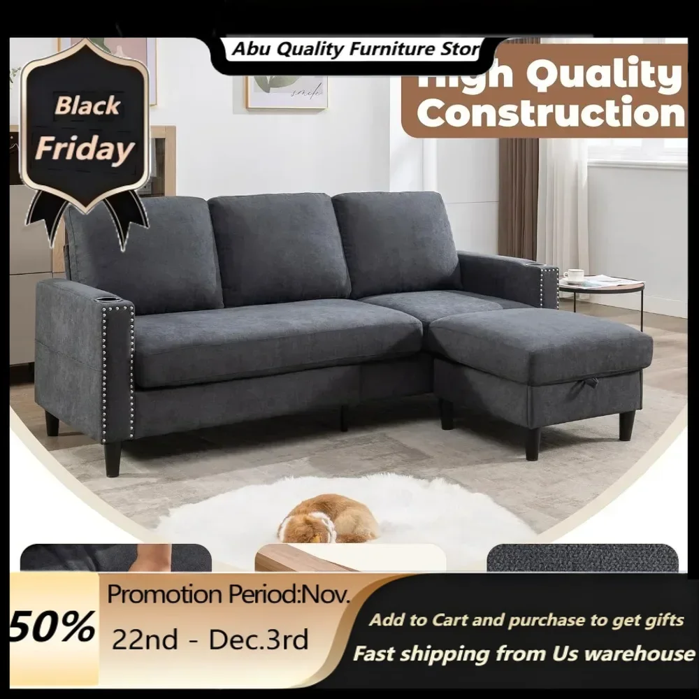 Convertible Sectional Couches for Living Room, L-Shaped Couch 3 Seats Sofas with Storage Chaise & 2 Cup Holders  home furniture