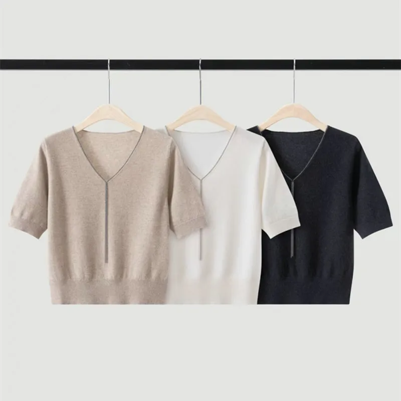 2026 Autumn Winter New Chain V-neck Short Sleeved Cashmere Sweater Women's High-end Knitted Top