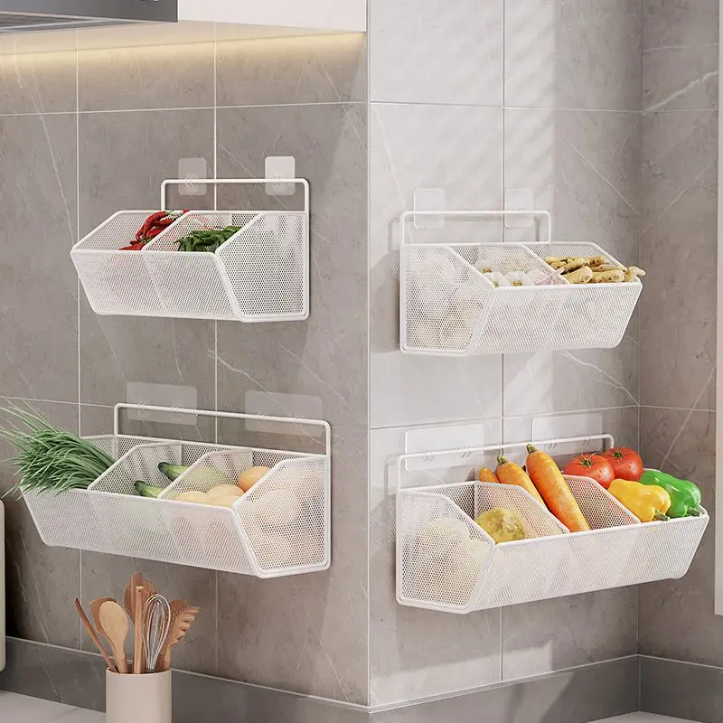 1-3 Grid Metal Wall-mounted Vegetable Basket Dish Drainer Kitchen Organizer Punch-free Storage Shelf Useful Things for Home