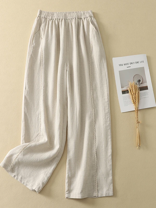 Cintura alta calças de perna larga feminina solta casual cor pura retro artístico queimado calças japonês sle linho guarnição calças compridas