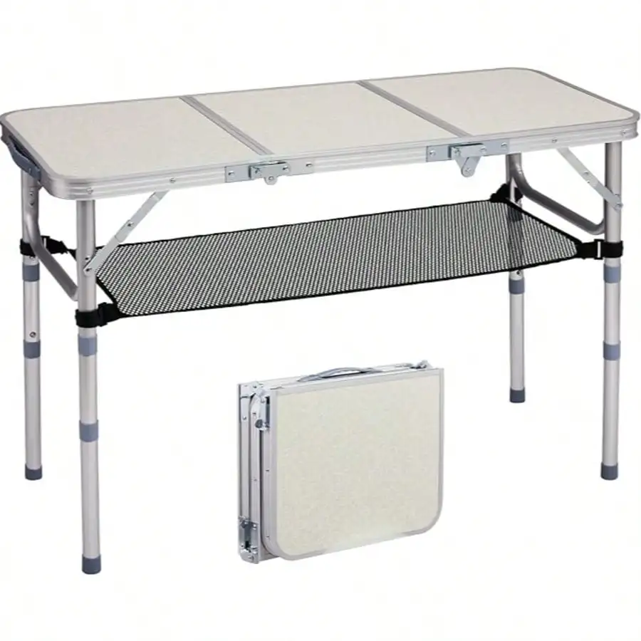 Mesa Plegable para Acampar al Aire Libre, Mesa de Picnic Portátil de 3 pies con 3 Alturas Ajustables, Mesa Lateral Plegable Ligera de Aluminio para Patio