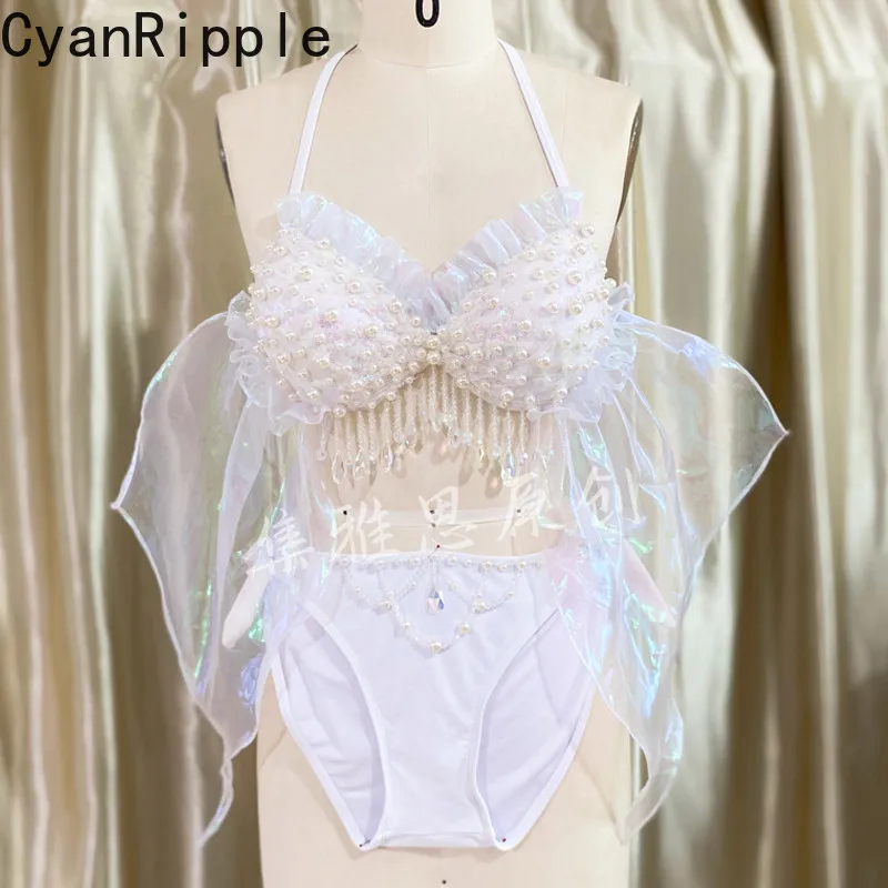 Original Handmade Mermaid Swimsuit Sequins Pearl Tassel Beading Women Bikini Sets Free Diving Bra Performing Cos Corset