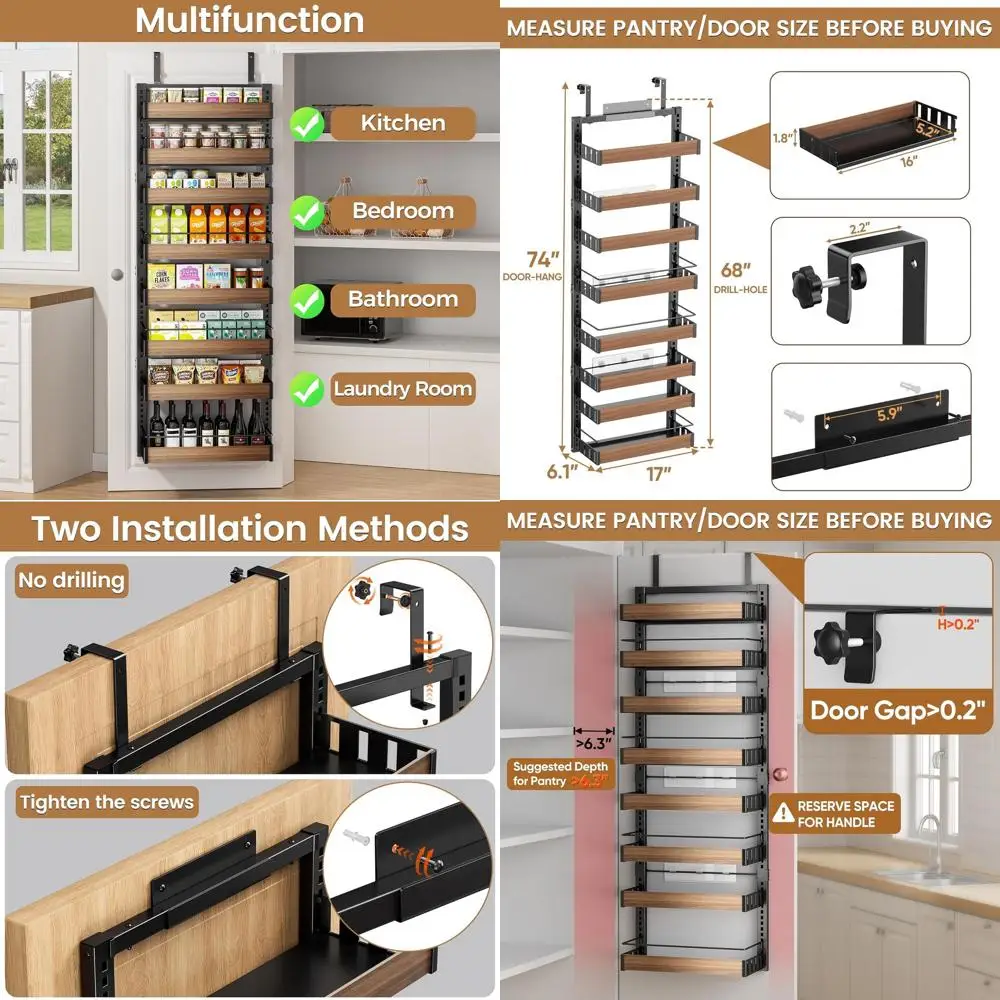 

8-уровневый дверной органайзер для кладовой с регулируемыми полками для хранения на кухне и в шкафу