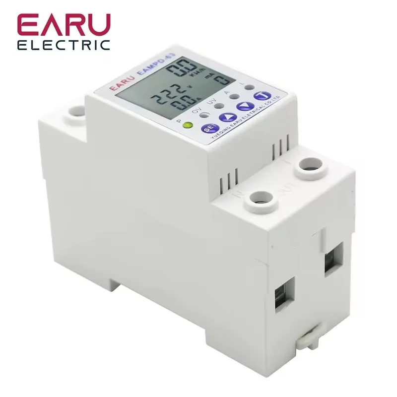 63A 230V Display Adjustable Current Earth Leakage Protection Over Under Voltage Protector Relay Device Energy Power kWh Meter