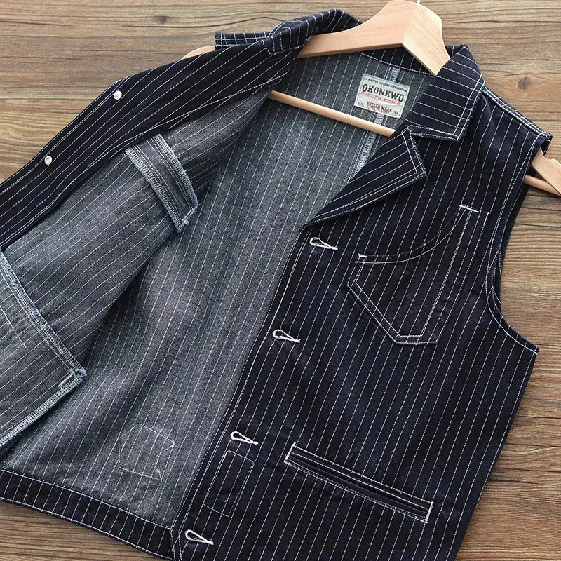 Retro New Striped Denim Vest Men Lapel Bodycon Multi-pocket Tooling Casual Fashion Streetwear Hunting Cardigan Four Seasons