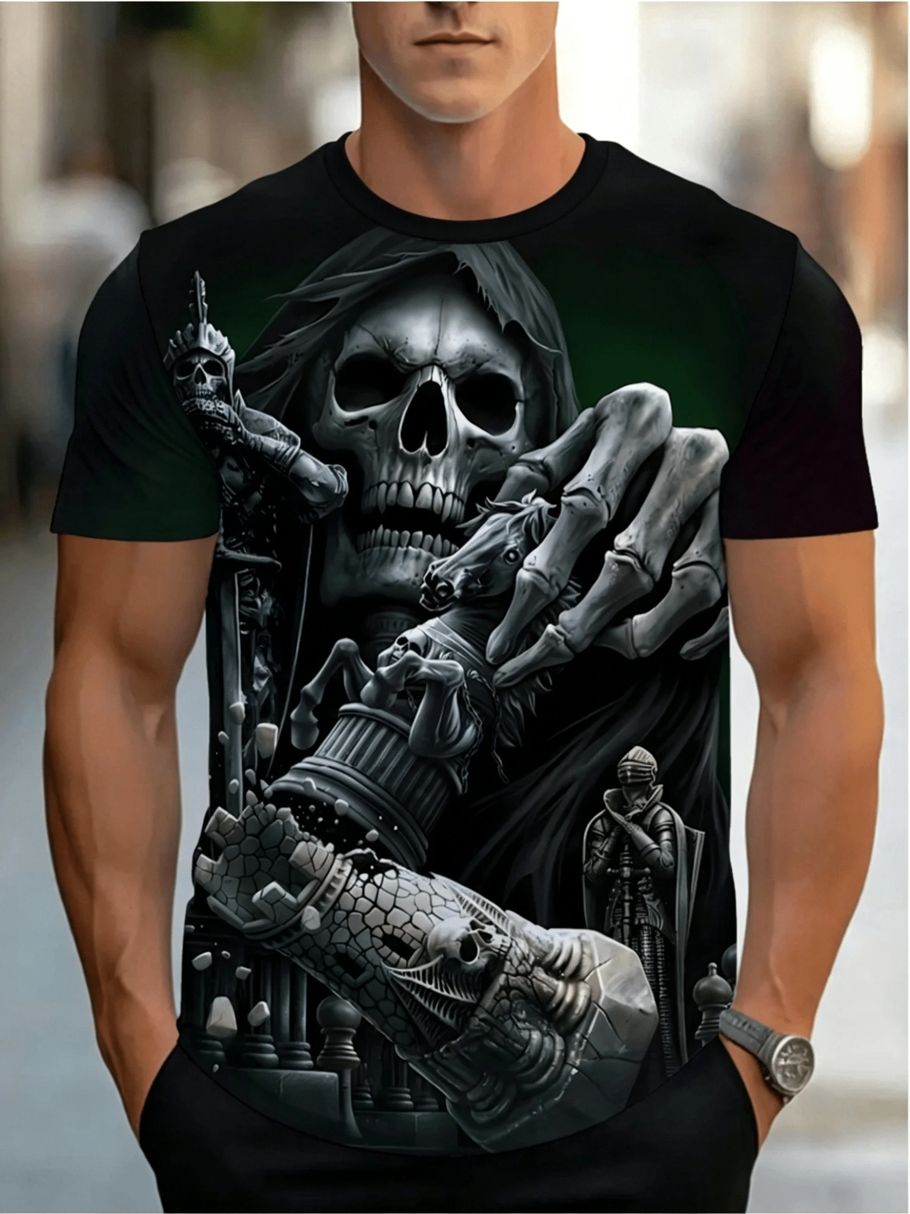 European and American Men's Summer Halloween Horror Skull Print Soft and Breathable Round Neck T-Shirt Outdoor Street Top