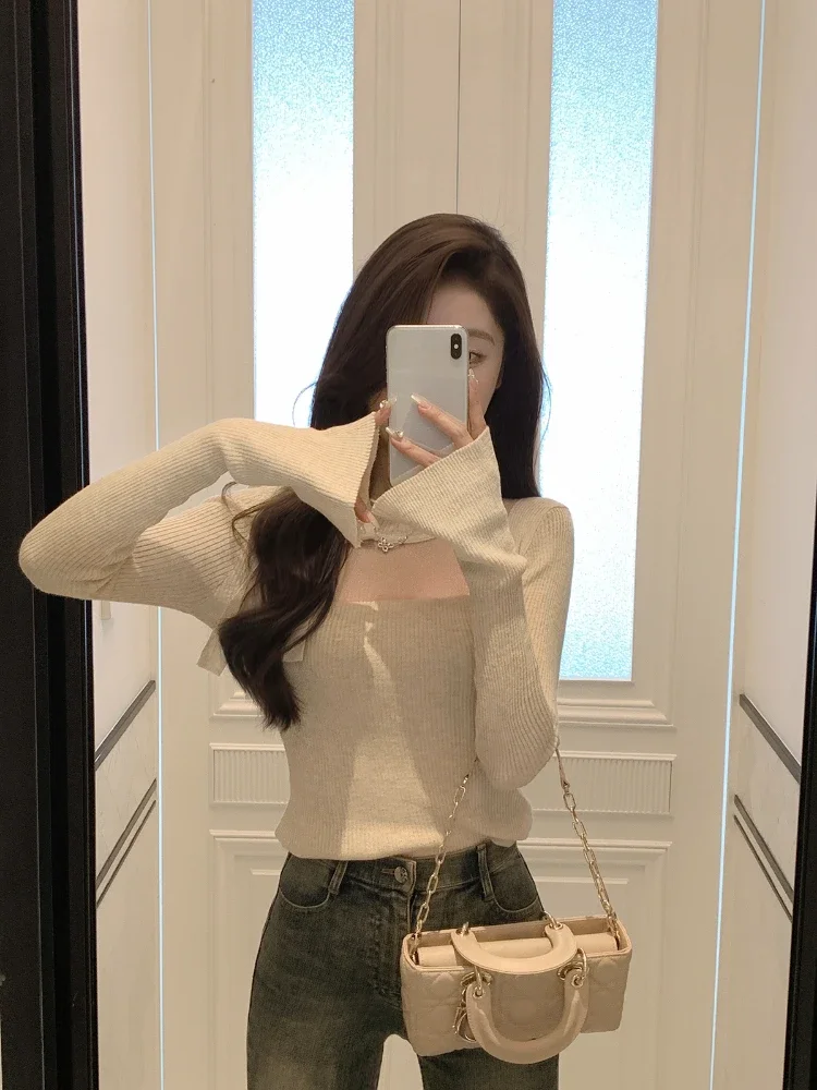 2023 Autumn Korean Fashion Knitted Sweater Y2k Crop Tops Women Casual Long Sleeve Elegant Slim Pullovers Outwear Office Lady