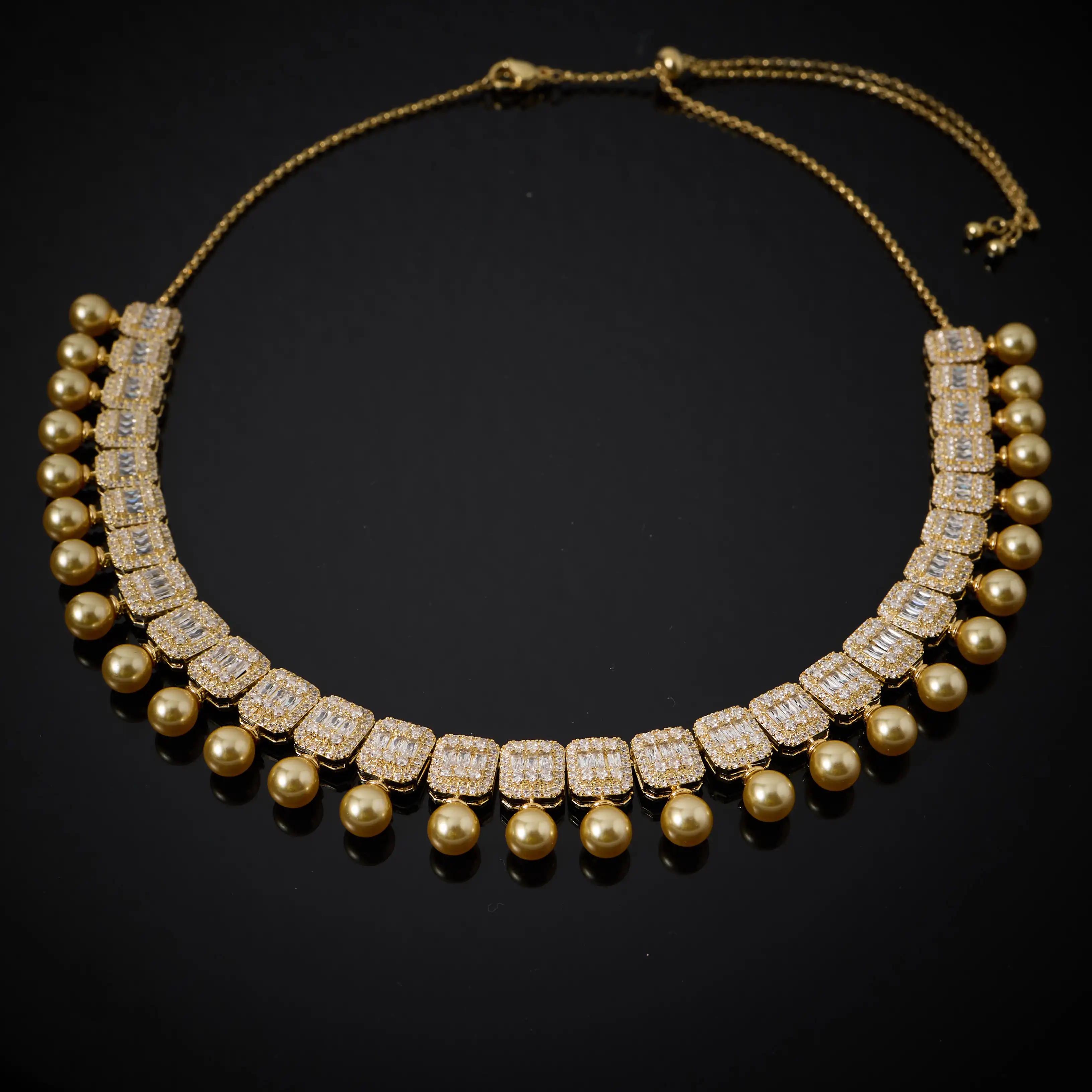 New Year's Treats~Choker Pearl Necklace Suit Cubic Zirconia Pearls Jewellery Set Gold Plated Bolo Chain Women's Jewelry