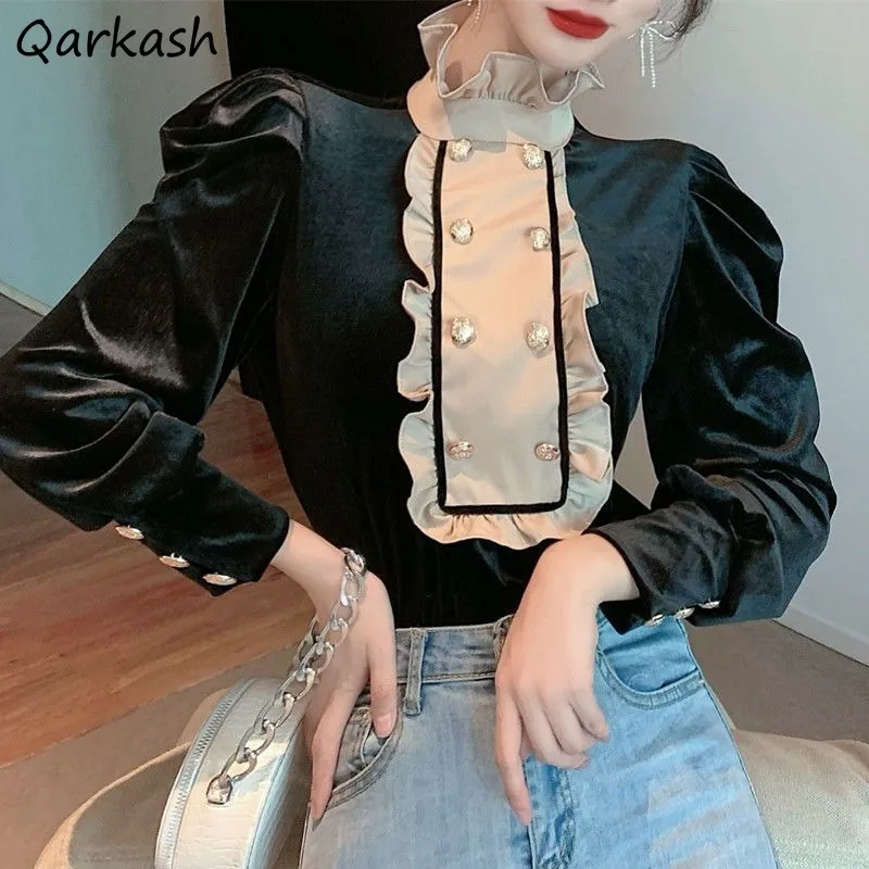 Velvet Shirts Women Vintage Panelled Ruffles Stand Collar Chic Spliced Elegant Long Sleeve Autumn Winter Female Streetwear Mujer