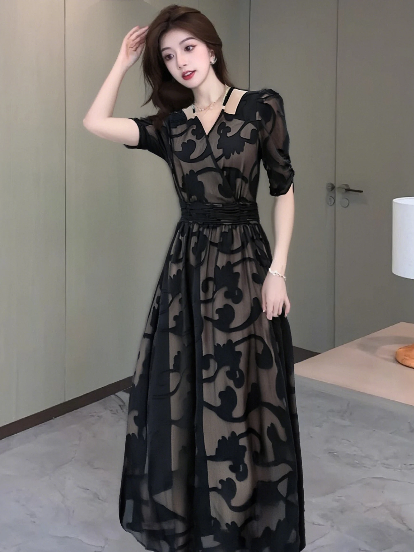 Burn-out flor preta renda dupla camada vestido oco halter gola quadrada manga bufante elegante festa vestido longo lindo feriado