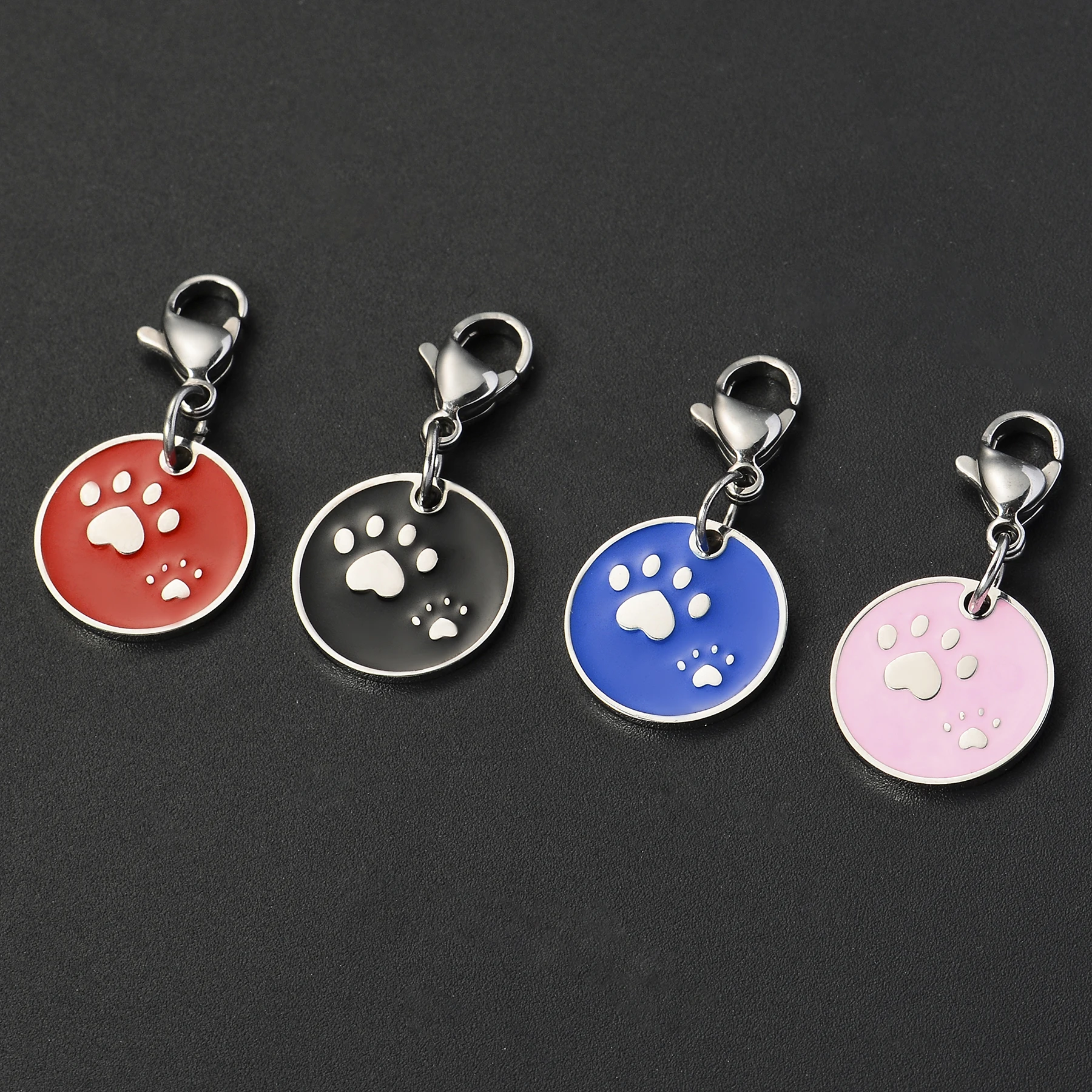 10pcs/lot Wholesale Red/Blue/Pink/Black Stainless Steel Pet Paw Accessories with Lobster Buckle Pendant Pet Supplies