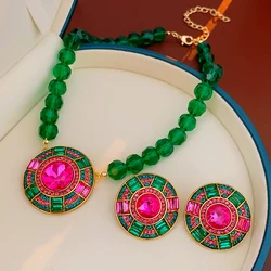Green Faceted Crystal Chain Necklace Geometric Round Pendant Necklace Stud Earrings Jewelry Set Rhinestone Necklaces Party K0