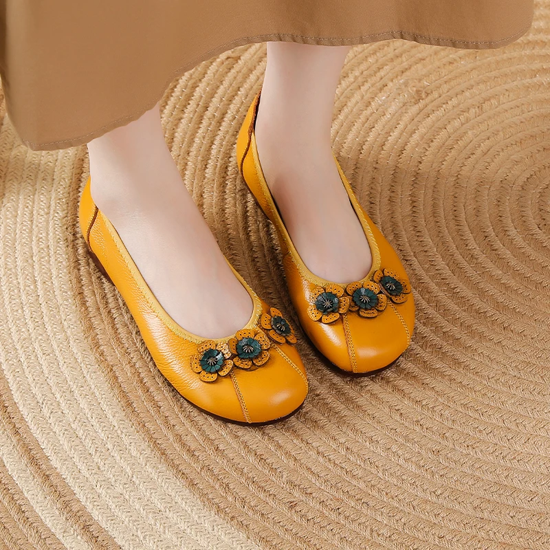 

Newest yellow flats cowhide leather shoes for women flower slip ons ladies vintage flats driving walking woman nice soft shoes