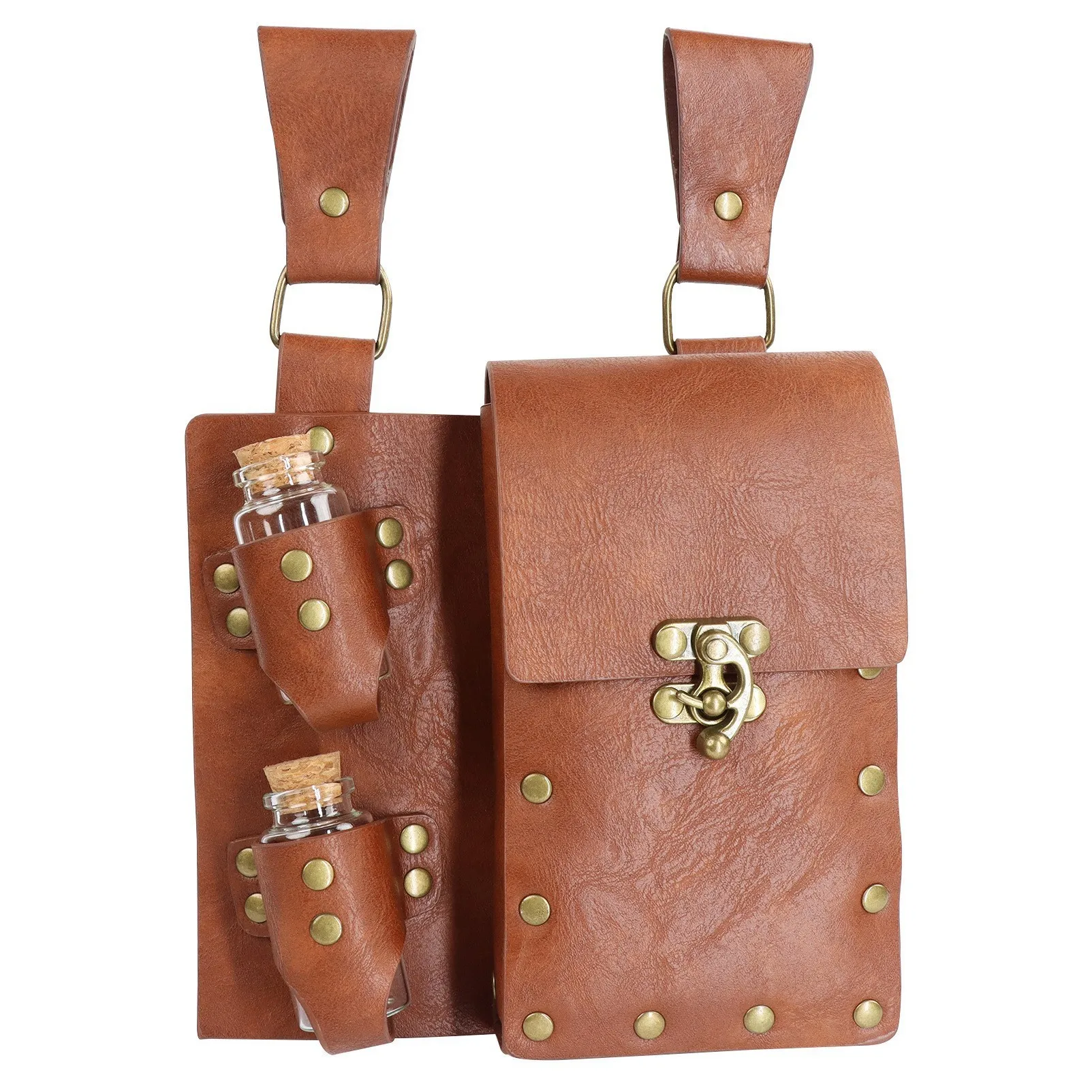 2pcs Medieval Viking Pu Leather Set Retro Waist Belt Flap Fanny Pack with 2 Small Cork Potion Bottles for Renaissance Fairs Halloween LARP Cosplay Party