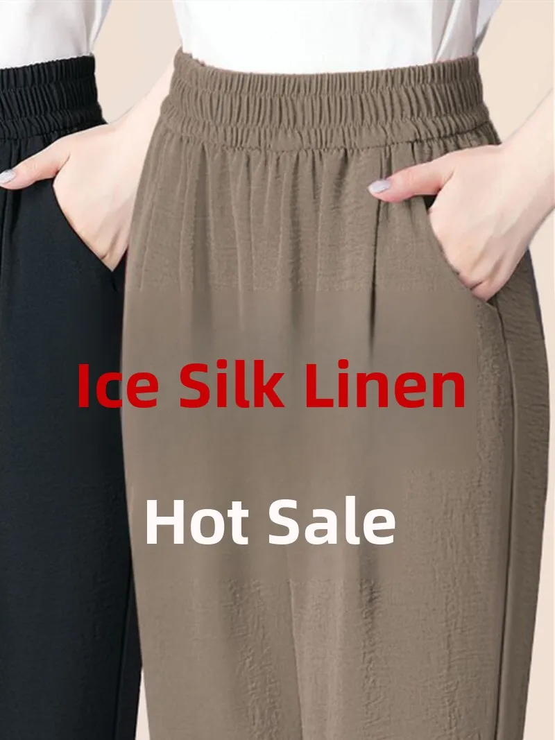 Ladies High Waist Ice Silk Hemp Thin Straight Leg Casual Pants Harlan Sle Nine Point Summer Trousers Pure Color Casual Wear