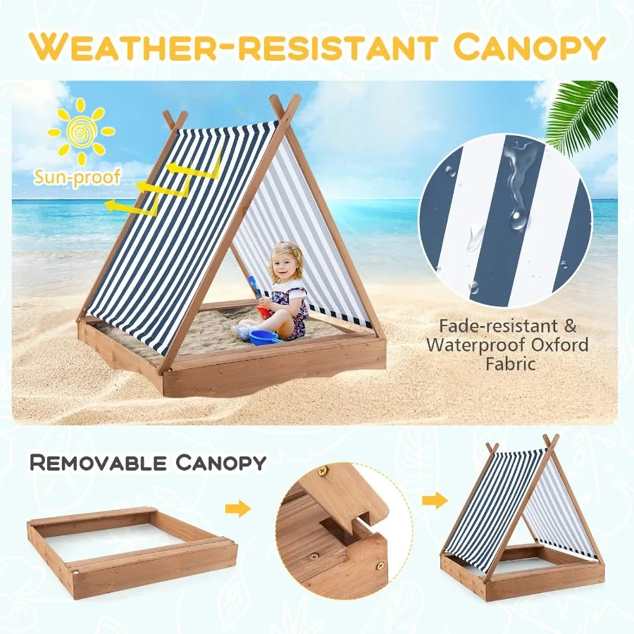Caja de arena con dosel de madera de abeto sin fondo para niños pequeños, juego de arena con dosel de tela de buey extraíble, cajas de arena para patio trasero al aire libre Bea